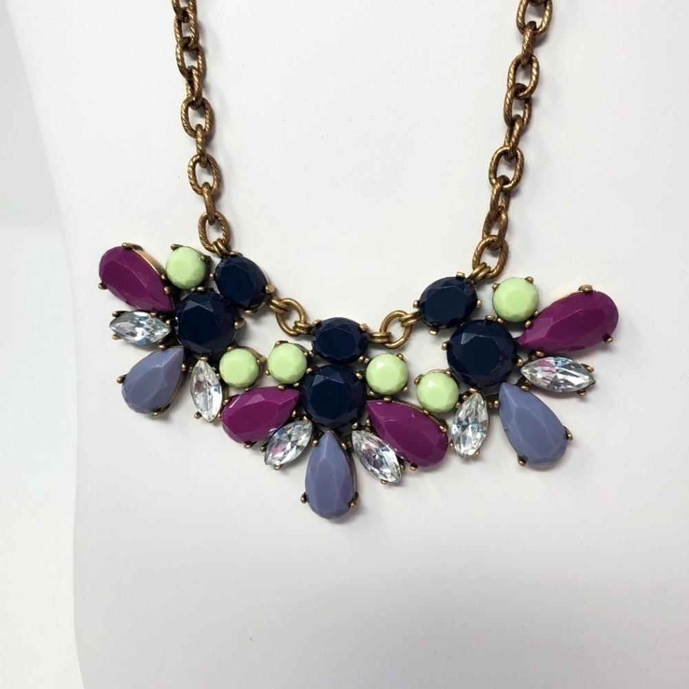 J. CREW MULTI-COLORED RHINESTONE STATEMENT NECKLACE WOMEN JEWELRY GREY PURPLE